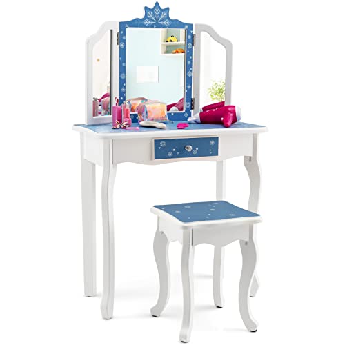 DREAMADE 2 in 1 Schminktisch Kinder mit Hocker und Abnehmbarer Spiegel, Prinzessin Frisiertisch mit Schublade Kosmetiktisch aus Holz, Kinderschminktisch für Mädchen mit Haarreif-Set (Blau) von DREAMADE