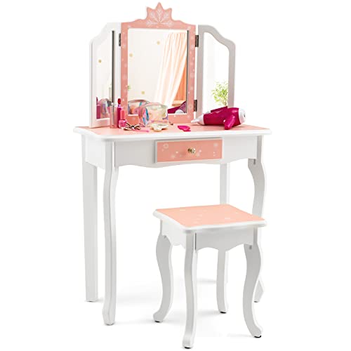 DREAMADE 2 in 1 Schminktisch Kinder mit Hocker und Abnehmbarer Spiegel, Prinzessin Frisiertisch mit Schublade Kosmetiktisch aus Holz, Kinderschminktisch für Mädchen mit Haarreif-Set (Rosa) von DREAMADE