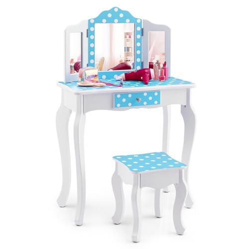 DREAMADE 2 in 1 Schminktisch Kinder mit Hocker und Abnehmbarer Spiegel, Prinzessin Frisiertisch mit Schublade Kosmetiktisch aus Holz, Kinderschminktisch für mädchen (Pünktchenmuster-Blau) von DREAMADE