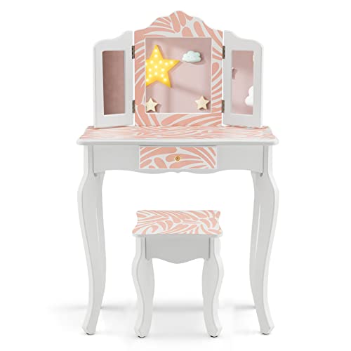 DREAMADE 2 in 1 Schminktisch Kinder mit Hocker und Abnehmbarer Spiegel, Prinzessin Frisiertisch mit Schublade Kosmetiktisch aus Holz, Kinderschminktisch für mädchen (Zebramuster) von DREAMADE