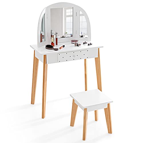 DREAMADE 2 in 1 Schminktisch Kinder mit Hocker und abnehmbarem Spiegel, Prinzessin Frisiertisch mit Schublade aus Holz, Kinderschminktisch mit Kiefernholz-Beine für Kinder Mädchen (Weiß) von DREAMADE