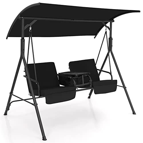 DREAMADE 2 sitzer Hollywoodschaukel mit 23L Kühltasche, Gartenschaukel Metall Gartenstuhl Schaukelbank mit verstellbarem Sonnendach und Kissen für Hinterhof Garten Terrasse (Schwarz) von DREAMADE