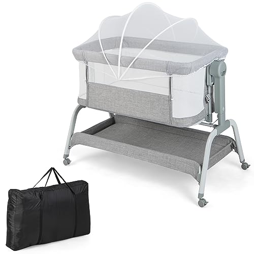 DREAMADE 3 in 1 Baby Beistellbett, 90 × 55cm Reisebett mit Matratze, Moskitonetz & 4 Rädern, 6-stufig-höhenverstellbar Stubenwagen mit Neigung, Babywiege für Säuglinge 0-6 Monate (Grau) von DREAMADE