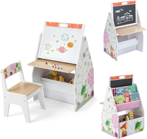 DREAMADE 3 in 1 Kindersitzgruppe, Kinder Tisch Stuhl Set mit magnetischem Whiteboard, Kreidetafel, Bücherregal & Stoffbehälter, multifunktionales Aktivitätstisch Set für Kinder (Weiß) von DREAMADE