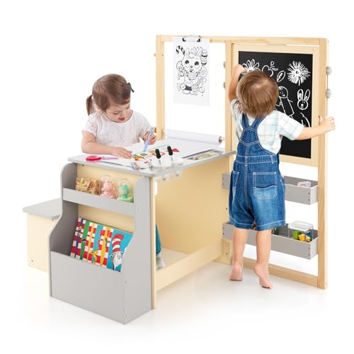 DREAMADE 3 in 1 Kindersitzgruppe, höhenverstellbares Kinder Tisch Stuhl Set mit Strauraum, Papierrolle, Ablagefächer & Bücherregal, Kinder Staffelei Maltisch Set für Kinder ab 3 Jahren (Grau) von DREAMADE