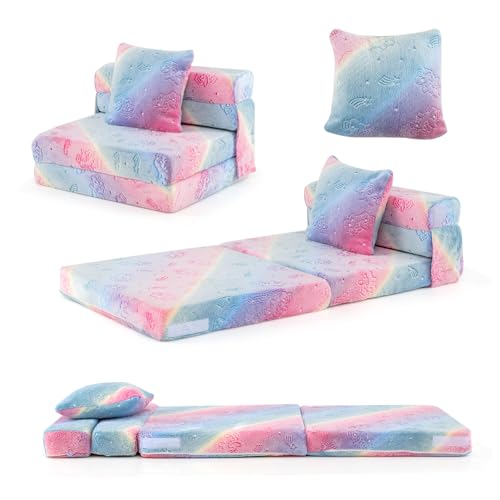 DREAMADE 3-in-1 Kindersofa, Klappbares Spielsofa aus Flanellstoff mit Kissen & leuchtenden Mustern, Abnehmbarer Bezug mit Reißverschluss, Faltbare Bodenmatratze für Kinder ab 3 Jahren von DREAMADE