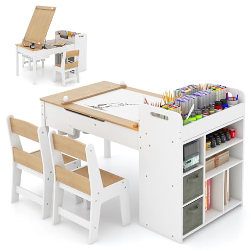 DREAMADE 3 in 1 Kindertisch mit 2 Stühlen aus Holz, Kinder Maltisch mit kippbarer Tischplatte & 2 Stoffboxen & Papierrolle, Kindersitzgruppe mit Stauraum für Kinderzimmer (Natur,mit 7 Fächern) von DREAMADE