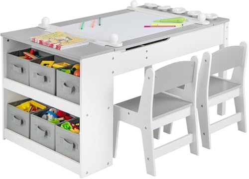 DREAMADE 3 in 1 Kindertisch mit 2 Stühlen aus Holz, Kinder Maltisch mit kippbarer Tischplatte & 6 Stoffboxen & Papierrolle, Kindersitzgruppe mit Stauraum für Kinderzimmer (Grau,mit 2 Ablagen) von DREAMADE