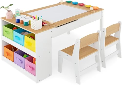 DREAMADE 3 in 1 Kindertisch mit 2 Stühlen aus Holz, Kinder Maltisch mit kippbarer Tischplatte & 6 Stoffboxen & Papierrolle, Kindersitzgruppe mit Stauraum für Kinderzimmer (Natur,mit 2 Ablagen) von DREAMADE