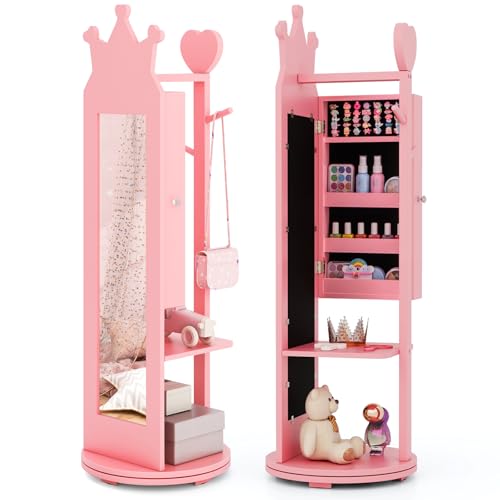 DREAMADE 360° drehbarer Kinderspiegel, Kinder Schmuckschrank aus Holz, 3-in-1 Kinder freistehender Standspiegel mit Schmuckschrank & Kleiderständer & Ablage für Kinder ab 3 für Kinderzimmer (Rosa) DREAMADE 360° drehbarer Kinderspiegel, Kinder Schmuckschrank aus Holz, 3-in-1 Kinder freistehender Standspiegel mit Schmuckschrank & Kleiderständer & Ablage für Kinder ab 3 für Kinderzimmer (Rosa) von DREAMADE
