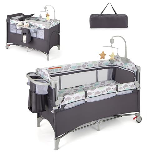 DREAMADE 4 in 1 Reisebett mit Matratze, 120 x 60cm Beistellbett Baby mit Rollen, Babybett Klappbar als Wickeltisch & Laufgitter, Kinderreisebett Baby ab Geburt (Grau) von DREAMADE