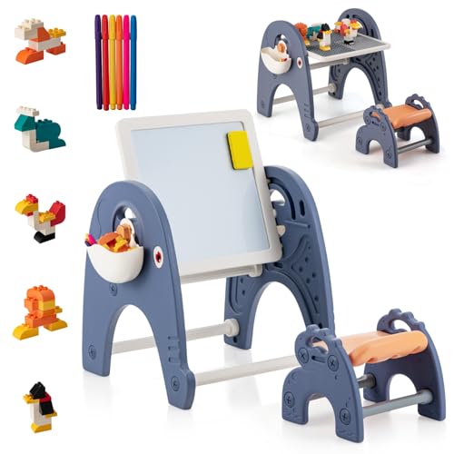 DREAMADE 6-in-1 Kinder Tisch Stuhl Set, Kindersitzgruppe mit doppelseitig verstellbarem Whiteboard/Bausteinboard, Aktivitätstisch mit Stauraum & 66 Bausteinen, für Kinder ab 3 Jahren (Modell 3) von DREAMADE