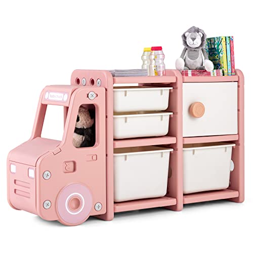 DREAMADE Autoförmiges Kinderregal mit 4 Aufbewahrungboxen & 1 Schrank, Kinderzimmerregal Kinder Bücherregal, Spielzeugregal für Kinderzimmer Wohnzimmer, 110 x 32 x 66 cm (Rosa) von DREAMADE