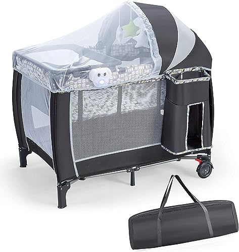 DREAMADE Babybett mit Matratze 120 x 60 cm, Klappbar Kinderreisebett mit Rollen & Moskitonetz & Wickelauflage & Tragetasche, Reisebett Baby 0-3 Jahren bis 15 kg belastbar (Model 2-Grau) von DREAMADE
