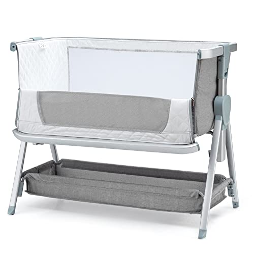 DREAMADE Beistellbett Höhenverstellbar, Zustellbett mit Matratze & Aufbewahrungskorb, Kinderbett mit Rollen, Babybett Faltbar für Baby 0-6 Monate bis 9 kg (Grau) von DREAMADE