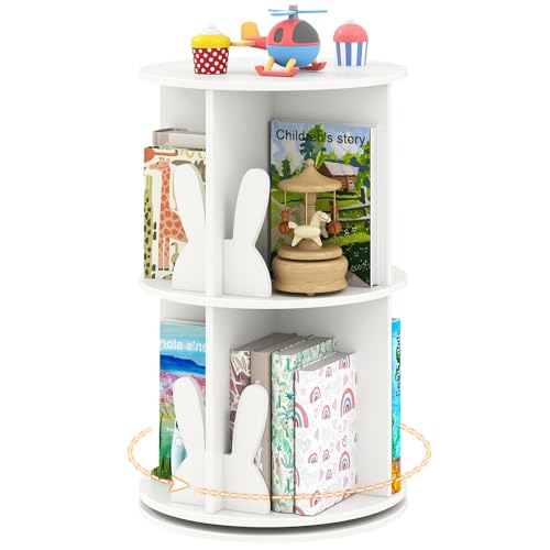 DREAMADE Drehbares Kinderbücherregal, Standregal 360° Frei mit 2 Ebenen, Kinderregal mit Hasen-/Bären Buchstützen und 8 Fächern, Spielzeugregal für Kinderzimmer, Spielzimmer, Kindergarten (Weiß) von DREAMADE