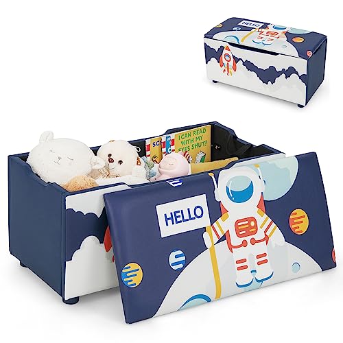 DREAMADE Gepolsterte Spielzeugkiste aus Holz, 75x36x38cm, Sitzbank für Kinder, Spielzeugtruhe mit abnehmbarem Deckel, Kindertruhe, Aufbewahrungsbox für Kinderzimmer (Blau - Astronaut) von DREAMADE
