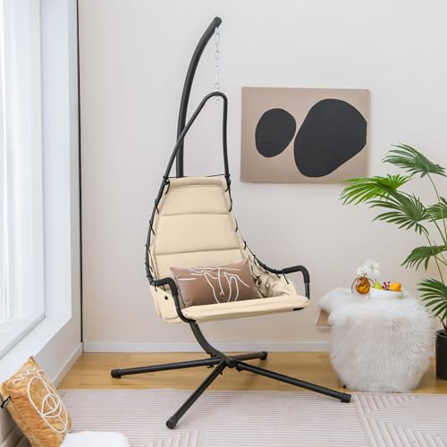 DREAMADE Hängesessel mit Gestell, Hängesessel Für Indoor und Outdoor, Hängeschaukel Hängesitz, Hängestuhl mit Stabiler Standfuß für Garten Balkon (Beige) von DREAMADE