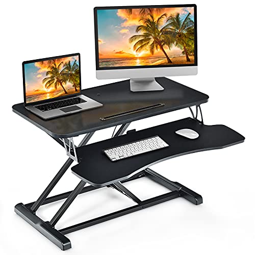 DREAMADE Höhenverstellbarer Sitz-Steh-Schreibtisch, Ergonomischer Schreibtischaufsatz mit Tastaturablage, Steharbeitsplatz, Stehpult für Computerbildschirm Laptop, Ideal für Homeoffice (Schwarz) von DREAMADE