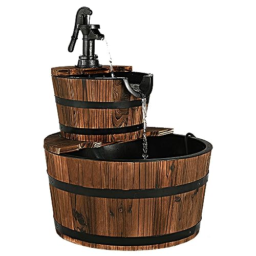 DREAMADE Holzbrunnen Gartenbrunnen mit Wasserpumpe, 2 Etagen Kaskandenbrunnen Ø44,5cm, Springbrunnen Fassbrunnen aus Tannenholz, Zierbrunnen Wasserspiel Dekobrunnen für Garten Balkon von DREAMADE