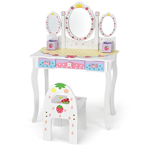 DREAMADE Schminktisch Kinder mit Hocker, Prinzessin Frisiertisch mit klappbarem Spiegel & 3 Schubladen, Frisierkommode Kinderschminktisch für Kinder Mädchen (Weiß) von DREAMADE