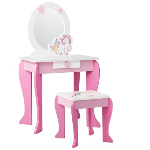 DREAMADE Kinder Schminktisch mit Hocker und Abnehmbarer Spiegel, Prinzessin Frisiertisch für Kinder, Frisierkommode mit Schublade, Kinderschminktisch für Mädchen (Rosa) von DREAMADE