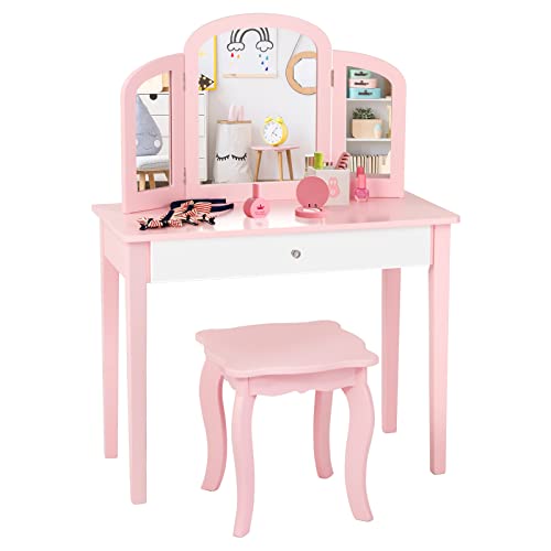 DREAMADE Schminktisch Kinder mit Hocker und abnehmbarem Spiegel,Prinzessin Frisiertisch, Frisierkommode, Kosmetiktisch, Kinderschminktisch mit Kiefernholz-Beine für Kinder Mädchen (Rosa) von DREAMADE