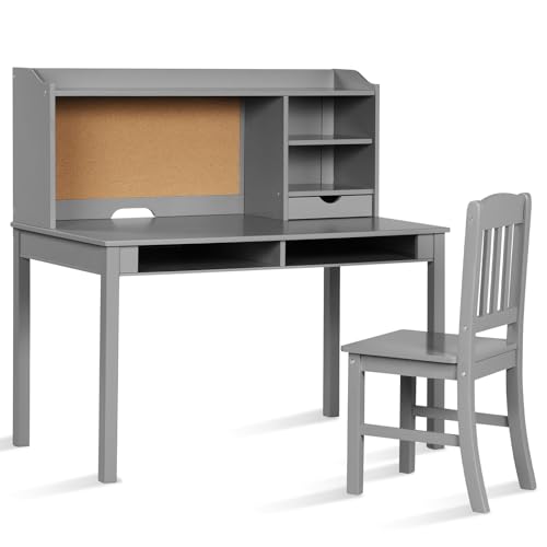 DREAMADE Kinder Schreibtischset, Schülerschreibtisch mit Stuhl, Kindertisch mit Pinnwand, offenen Fächern, Schubladen & verstellbarem Regal, Schreibtisch Kinder aus Holz für Kinderzimmer (Grau) von DREAMADE