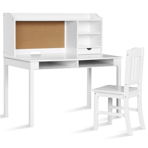 DREAMADE Kinder Schreibtischset, Schülerschreibtisch mit Stuhl, Kindertisch mit Pinnwand, offenen Fächern, Schubladen & verstellbarem Regal, Schreibtisch Kinder aus Holz für Kinderzimmer (Weiß) von DREAMADE