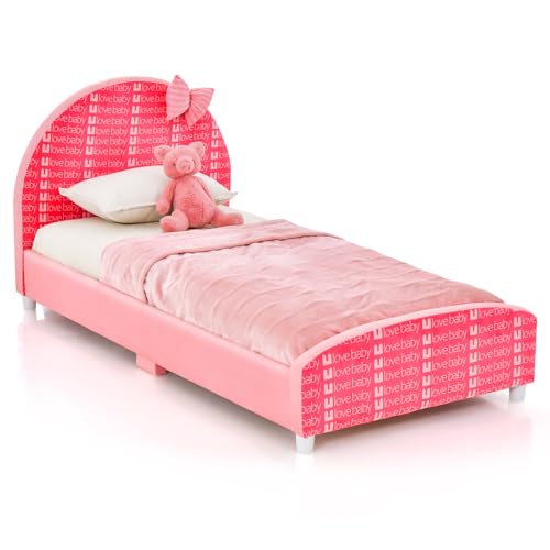 DREAMADE Kinderbett 70 x 140 cm, Kleinkind Jugendbett mit gebogenen Kopfteil, Schleifendekoration & Lattenrost, Babybett Kinder Bett für Jungen & Mädchen ab 2 Jahren (Rosa) von DREAMADE