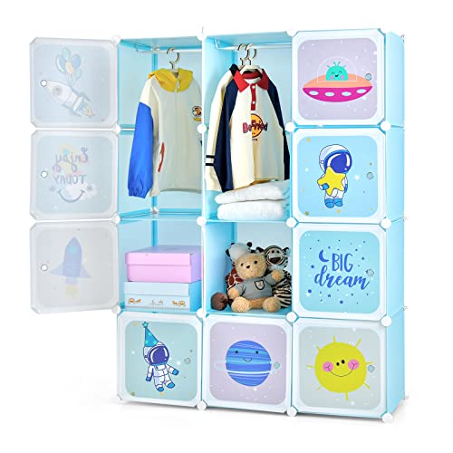 DREAMADE Kinderkleiderschrank mit 12 Würfeln, Kinder Kleiderschrank Regalsystem aus Kunststoff, Kinderschrank mit Türen & Kleiderstange für Kinderzimmer, 110x37x145cm (12 Würfeln - Weltraum) von DREAMADE