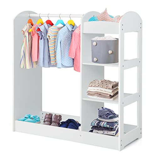 DREAMADE Kinderkleiderschrank mit Spiegel und Kleiderstange, Kinder Kleiderschrank Kinderregal mit 4 offener Ablagen, Kinder Kleiderständer für Kinderzimmer, 93,5x38x100cm (Weiß) von DREAMADE