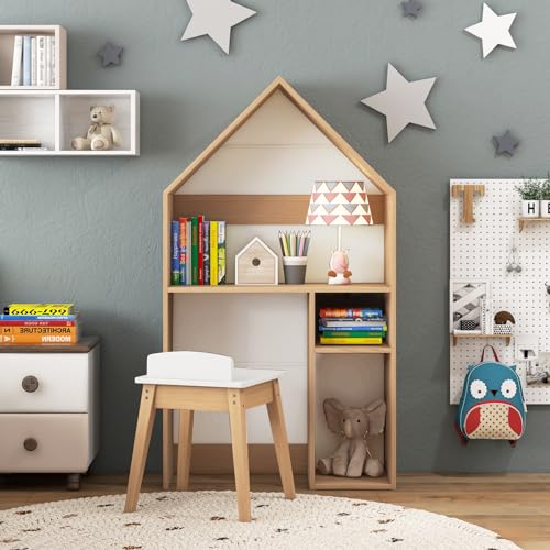 DREAMADE Kinderregal aus Holz mit offenen Ablagen, Bücherregal für Kinder mit Hocker, Spielzeugregal, Mehrzweck-Kindermöbel, Kindertisch mit Stuhl in Hausformfür Kinderzimmer von DREAMADE