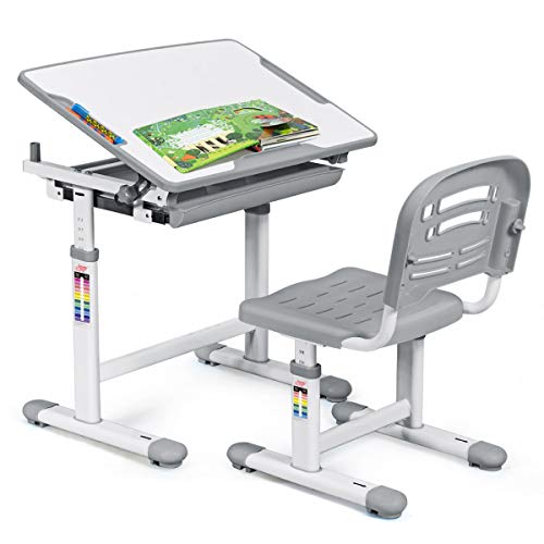 DREAMADE höhenverstellbarer Kinderschreibtisch, Schülerschreibtisch Jugendschreibtisch neigungsverstellbar, Schreibtisch Set für Kinder mit Stuhl und Schublade (Grau) von DREAMADE