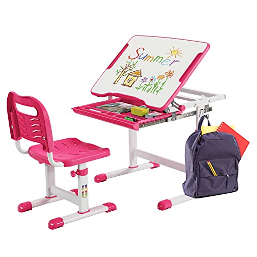 DREAMADE Kinderschreibtisch höhenverstellbar, Schülerschreibtisch Jugendschreibtisch neigungsverstellbar, Schreibtisch Set für Kinder mit Stuhl und Schublade, für Jungs & Mädchen (Rosa) von DREAMADE