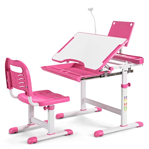 DREAMADE Kinderschreibtisch höhenverstellbar, Schülerschreibtisch neigungsverstellbar, Jugendschreibtisch mit LED-Lampe und Bücherständer, Schreibtisch Set für Kinder mit Stuhl und Schublade (Rosa) von DREAMADE
