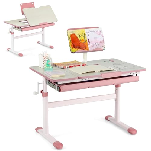 DREAMADE Kinderschreibtisch höhenverstellbar, Schülerschreibtisch neigungsverstellbar, Schreibtisch für Kinder mit Bücherständer & Schublade, Jugendschreibtisch, Schülerschreibtisch (Rosa) von DREAMADE