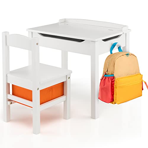 DREAMADE Kindertisch mit Stuhl, Kinderschreibtisch Kinder Schreibtisch aus Holz, Kindersitzgruppe mit Stauraum & Stoffbox (Weiß) von DREAMADE