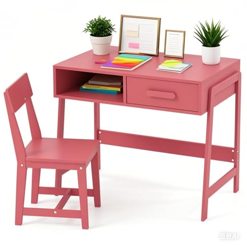 DREAMADE Kinderschreibtisch mit Stuhl, Schülerschreibtischset mit Schublade, Schreibtisch-Set aus Holz zum Zeichnen, Lernen, Spielen, Studio, KinderzimmerKindertisch- und Stuhlset, (Rosa) von DREAMADE