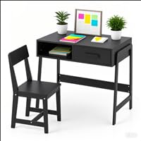 DREAMADE Kinderschreibtisch mit Stuhl, Schülerschreibtischset mit Schublade, Schreibtisch-Set aus Holz zum Zeichnen, Lernen, Spielen, Studio, KinderzimmerKindertisch- und Stuhlset, (Schwarz) von DREAMADE