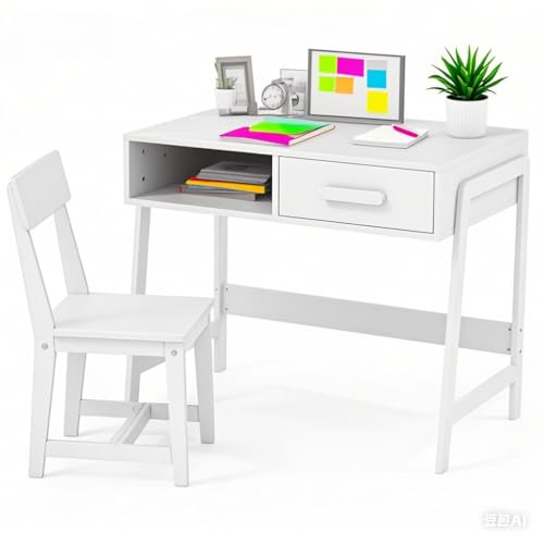 DREAMADE Kinderschreibtisch mit Stuhl, Schülerschreibtischset mit Schublade, Schreibtisch-Set aus Holz zum Zeichnen, Lernen, Spielen, Studio, KinderzimmerKindertisch- und Stuhlset, (Weiß) von DREAMADE