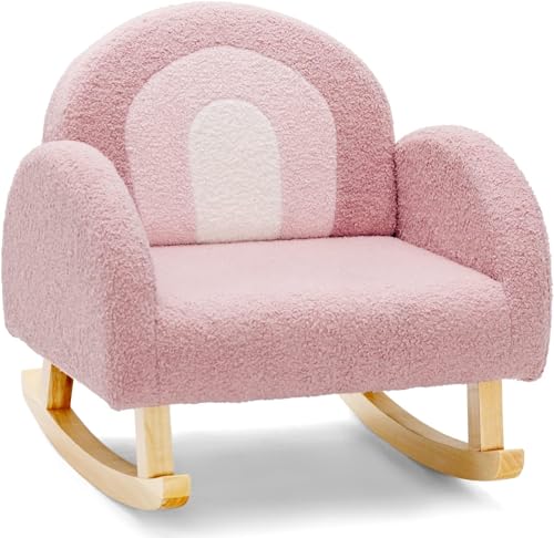 DREAMADE Kindersessel, Kindersofa aus Veloursstoff mit Rückenlehne, massiven Holzfüßen & Kippsicherung, Schaukelstuhl Kinder für Spielzimmer, Schlafzimmer, Wohnzimmer, für Kinder 3-5 Jahre (Rosa) von DREAMADE