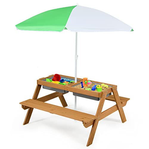 DREAMADE Kindersitzgarnitur mit Sonnenschirm, 3-in-1 Kindersitzgruppe aus Holz, Kinderpicknictisch mit 2 Boxen & abnehmbare Tischplatte für Garten, für Kinder ab 3 Jahren (Weiß + Grün) von DREAMADE