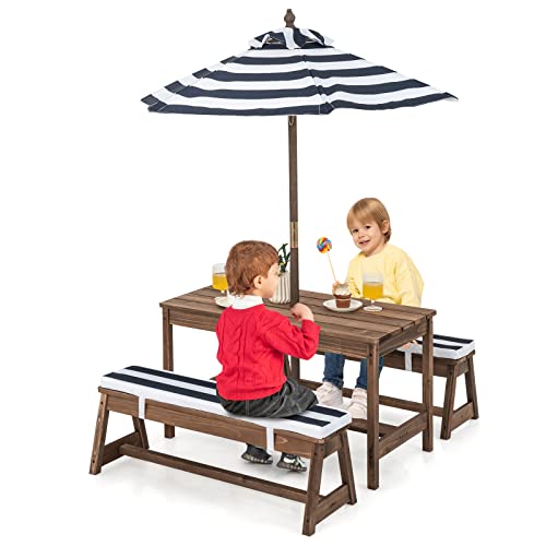 DREAMADE Kindersitzgruppe Kindertisch mit 2 Bänke und Sonnenschirm, Gartenmöbel für Kinder, Kinder Sitzgarnitur aus Tannenholz, Kinder Sitzbank mit Sitzkissen für draußen und innen (Blau) von DREAMADE