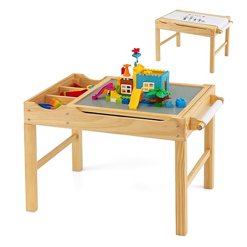 DREAMADE Kindertisch, multifunktionaler Aktivitätstisch aus Kiefernholz für Kinder, Spieltisch mit Stauraum, Papierrolle & umkehrbarer Tischplatte, Bausteintisch zum Basteln, Lesen, Spielen (Natur) von DREAMADE