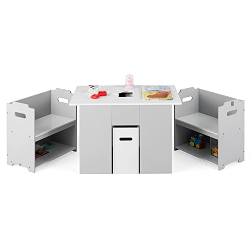 DREAMADE Kindertisch mit 2 Stühlen, 4-in-1 Kindertisch mit Stauraum, Kinder Tisch Stuhl Set, 3 TLG. Kindersitzgruppe aus Holz für Kinder ab 3 Jahren, Grau + Weiß DREAMADE Kindertisch mit 2 Stühlen, 4-in-1 Kindertisch mit Stauraum, Kinder Tisch Stuhl Set, 3 TLG. Kindersitzgruppe aus Holz für Kinder ab 3 Jahren, Grau + Weiß von DREAMADE