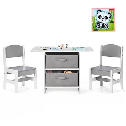 DREAMADE Kindertisch mit 2 Stühlen, Kindersitzgruppe mit Stauraum, 3tlg Aktivitäts-Tisch-Stuhl-Set mit 2 Stoffschubladen, Kindermöbel-Set aus Holz zum Essen & zeichnen & lesen (Grau) von DREAMADE
