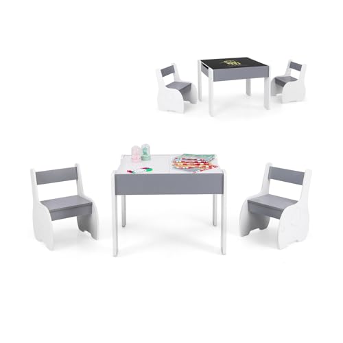 DREAMADE Kindertisch mit 2 Stühlen aus Holz, 3tlg. Kindersitzgruppe mit doppelseitige Tischplatte und Stauraum, Kinder Tisch Stuhl Set, Kindermöbel Set für Jungen und Mädchen (Hellgrau) von DREAMADE