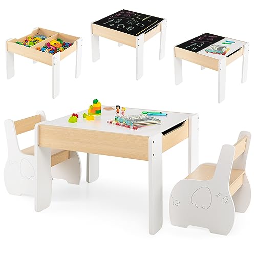 DREAMADE Kindertisch mit 2 Stühlen aus Holz, 3tlg. Kindersitzgruppe mit doppelseitige Tischplatte und Stauraum, Kinder Tisch Stuhl Set, Kindermöbel Set für Jungen und Mädchen (Weiß) von DREAMADE