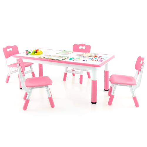 DREAMADE Kindertisch mit 4 Stühlen, Höhenverstellbares Kinder Tisch und Stuhl Set mit Graffititischplatte & rutschfesten Beinen, Kindersitzgruppe Kindermöbel für Kindergärten und Kinderzimmer (Rosa) von DREAMADE
